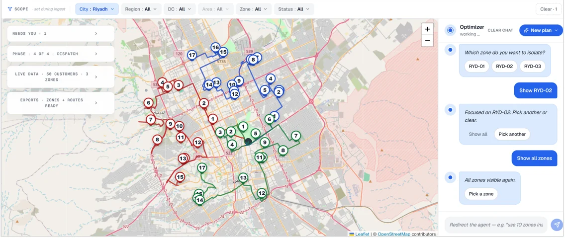 The RobustRoute Command Center. A map of Riyadh carries three delivery routes in blue, red and green, each stop numbered in visit order. Above the map, scope filters show the city fixed to Riyadh. A side panel tracks the run — fifty customers, three zones, dispatch phase four of four, exports ready — and below it the co-pilot asks which zone to isolate, offering the three zone names as choices.