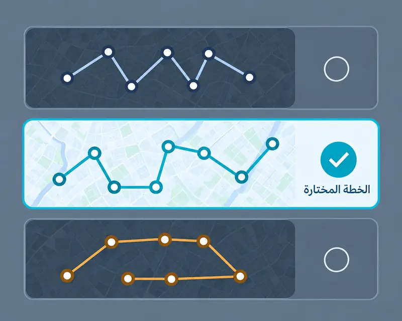 ثلاث خطط مسارات متجاورة، والخطة المختارة منها مؤشَّر عليها