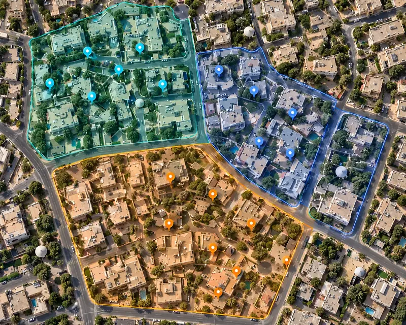 صورة جوية لحي سكني مقسّم إلى ثلاث مناطق توزيع ملوّنة بنقاط العملاء