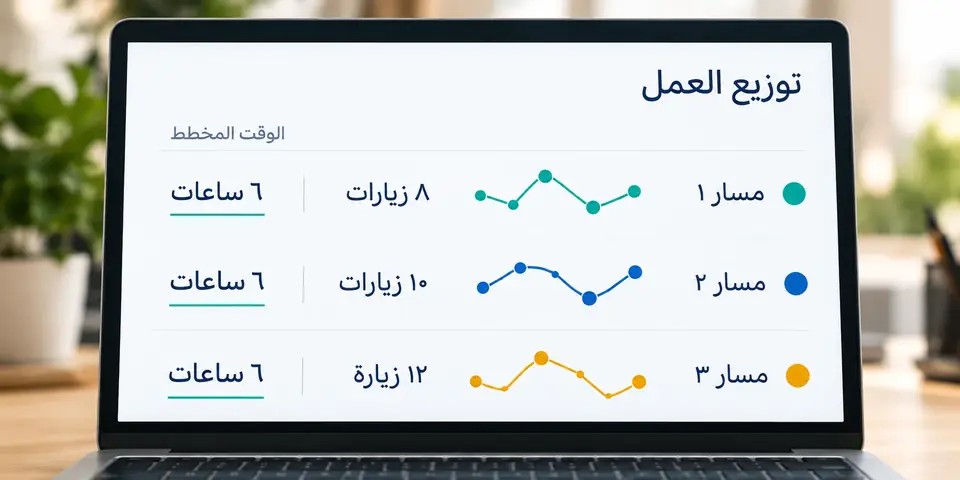 شاشة توزيع العمل: ثلاثة مسارات بعدد زيارات مختلف ووقت مخطط متساوٍ